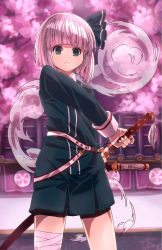 Rule 34 | 1girl, absurdres, adapted costume, bandaged leg, bandages, blunt bangs, cherry blossoms, closed mouth, cowboy shot, green eyes, green ribbon, green skirt, hair ribbon, highres, holding, holding sword, holding weapon, katana, konpaku youmu, konpaku youmu (ghost), long sleeves, looking at viewer, miniskirt, ribbon, sheath, shi (shi4557), short hair, silver hair, skirt, solo, standing, sword, touhou, uniform, unsheathing, weapon