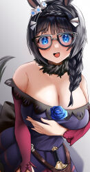 Rule 34 | 1girl, absurdres, animal ears, bare shoulders, black-framed eyewear, black hair, blue eyes, blue flower, blue rose, blush, braid, breasts, cleavage, commentary request, cosplay, crown braid, dagger, dress, ear ornament, flower, gradient background, highres, horse ears, horse girl, horse tail, knife, large breasts, long hair, long sleeves, looking at viewer, open mouth, po musubi, purple dress, rice shower (umamusume), rice shower (umamusume) (cosplay), rose, sheath, sheathed, solo, tail, umamusume, weapon, zenno rob roy (umamusume)