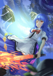 Rule 34 | &gt;:), 1girl, black hat, blue hair, blue skirt, blurry, bow, center frills, closed mouth, commentary request, depth of field, dutch angle, eyelashes, fall (5754478), feet out of frame, fighting stance, fire, floating hair, foreshortening, frills, from below, hair between eyes, hat, highres, hinanawi tenshi, holding, holding sword, holding weapon, latin commentary, long hair, looking at viewer, night, night sky, no headwear, outdoors, puffy short sleeves, puffy sleeves, rainbow order, red bow, red eyes, rock, shirt, short sleeves, sidelocks, skirt, sky, smile, smug, solo, standing, sword, sword of hisou, touhou, tsurime, unworn headwear, v-shaped eyebrows, very long hair, weapon, white shirt, wind, wind lift