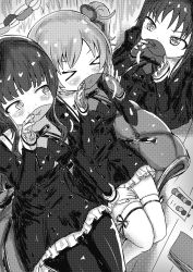 Rule 34 | &gt; &lt;, 3girls, absurdres, ao daidai ki, assault lily, balloon, blunt bangs, blush, buttons, closed eyes, clover, commentary, couch, cropped jacket, four-leaf clover, frilled skirt, frills, from above, greyscale, hand on another&#039;s thigh, hand up, hands up, high-waist skirt, highres, hitotsuyanagi riri, holding, holding balloon, indoors, inflating, juliet sleeves, kaede johan nouvel, leg ribbon, long hair, long sleeves, looking at another, looking to the side, miniskirt, monochrome, multiple girls, neck ribbon, on couch, on floor, one side up, pantyhose, parted lips, puffy sleeves, raised eyebrows, ribbon, school uniform, shirai yuyu, short hair, side-by-side, sidelocks, sideways glance, sitting, skirt, smirk, swept bangs, thigh ribbon, thighhighs, transparent, v-shaped eyebrows, yuri, yurigaoka girls academy school uniform, zettai ryouiki