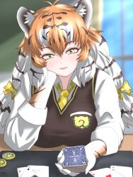 1girl animal_ears animal_print blush bow brown_hair brown_vest card collared_shirt elbow_gloves gloves green_eyes hair_bow head_on_hand highres japari_coin japari_symbol kemono_friends long_hair looking_at_viewer mukouyama_mu multiple_girls necktie open_mouth orange_hair plaid_bow plaid_clothes plaid_necktie playing_card print_gloves shirt siberian_tiger_(kemono_friends) smile solo t-shirt tiger_ears tiger_girl tiger_print vest white_hair white_shirt yellow_bow yellow_necktie