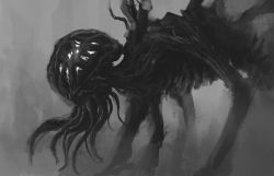 Rule 34 | alien, amygdala (bloodborne), bloodborne, commentary, doodle, eldritch abomination, extra arms, extra eyes, from side, glowing, glowing eyes, grey background, greyscale, highres, monochrome, monster, no humans, ribs, tentacles, tripdancer