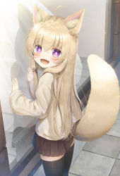 Rule 34 | 1girl, :d, ahoge, animal ear fluff, animal ears, beige sweater, black thighhighs, blonde hair, blush, brown skirt, child, clothes lift, cowboy shot, day, diamond-shaped pupils, diamond (shape), dot nose, eyes visible through hair, fangs, female focus, from behind, hair between eyes, hair over shoulder, highres, lifted by tail, long hair, looking at viewer, looking back, looking to the side, miniskirt, open mouth, original, outdoors, pleated skirt, psyche3313, purple eyes, skin fangs, skirt, skirt lift, smile, solo, standing, symbol-shaped pupils, tail, tail raised, thighhighs, very long hair, wide sleeves, window shopping, zettai ryouiki