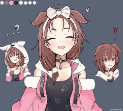 Rule 34 | !, ...?, 1girl, :3, animal ears, animal hood, bangs pinned back, bow, breasts, brown eyes, brown hair, choker, cleavage, color guide, detached sleeves, dog ears, dog hood, fur-trimmed sleeves, fur trim, grey background, hair bow, hair over shoulder, hairband, heart, highres, hololive, hood, hoodie, hoso-inu, inugami korone, inugami korone (loungewear), jacket, jewelry, looking at viewer, mangotaingo, medium breasts, o-ring, o-ring choker, official alternate costume, pendant, pink jacket, shaded face, simple background, solo, tank top, twitter username, virtual youtuber