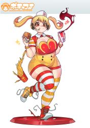 Rule 34 | 1girl, asymmetrical footwear, blonde hair, blush, boots, breasts, burger, cleavage, faux figurine, food, headphones, huge breasts, looking at viewer, mcdonald&#039;s, mismatched footwear, nitroplus, orange eyes, oskar vega, plump, shoes, shorts, smile, sneakers, solo, super pochaco, suspenders, thick thighs, thighhighs, thighs, twintails, wide hips
