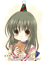 Rule 34 | 00s, 15citron, 1girl, clannad, cookie, eating, food, hat, holding, holding food, ibuki fuuko, long sleeves, looking at viewer, lowres, party hat, pom pom (clothes), sailor collar, school uniform, serafuku, solo, star (symbol)