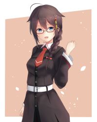 Rule 34 | 1girl, ahoge, arm at side, belt, black coat, blue eyes, blush, braid, breasts, brown-framed eyewear, brown hair, buckle, buttons, clenched hand, coat, collared shirt, glasses, hair between eyes, hair flaps, hair ornament, hair over shoulder, hair ribbon, hand up, highres, jenson tw, kantai collection, long hair, looking at viewer, medium breasts, necktie, official alternate costume, open mouth, outside border, red necktie, ribbon, semi-rimless eyewear, shigure (kancolle), shigure kai ni (kancolle), shirt, sidelocks, simple background, single braid, smile, solo