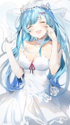 Rule 34 | 10s, 1girl, bare shoulders, blue hair, blush, breasts, bridal veil, cleavage, closed eyes, collarbone, commentary request, crying, detached collar, detached sleeves, dress, frilled sleeves, frills, gloves, hair ornament, highres, large breasts, open mouth, re:zero kara hajimeru isekai seikatsu, rem (re:zero), smile, solo, standing, tears, umibouzu (niito), veil, wedding dress, white gloves, x hair ornament