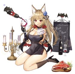 Rule 34 | 1girl, :o, alcohol, animal, animal ear fluff, animal ears, bad id, bad pixiv id, bare shoulders, bat (animal), beads, belt, black dress, black footwear, black gloves, blue flower, blush, bottle, bow, bowtie, breasts, brown hair, brown socks, bug, candle, candlestand, choker, cleavage, collarbone, covered navel, cup, demon wings, dress, drinking glass, fang, fingerless gloves, flower, food, full body, gloves, hair flower, hair ornament, heart, high heels, holding, holding cup, kneehighs, large breasts, long hair, looking at viewer, low wings, meat, open mouth, original, pouring, pumps, red eyes, side slit, sign, silk, sitting, skin fang, socks, solo, spider, spider web, steak, suou-sensei, thighs, wariza, white background, wine, wine bottle, wine glass, wings