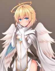 Rule 34 | 1girl, ahoge, angel, angel wings, bad id, bad pixiv id, belt, blonde hair, blue eyes, blush, breasts, brown background, cape, cowboy shot, dress, gloves, grey background, halo, highres, light smile, looking at viewer, niel (sennen sensou aigis), own hands together, ribucci, sennen sensou aigis, short dress, short hair, side slit, simple background, small breasts, solo, steepled fingers, tabard, very short hair, white dress, wings