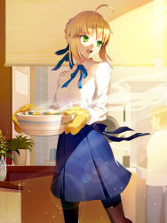 Rule 34 | 1boy, 1girl, :d, ahoge, artoria pendragon (all), artoria pendragon (fate), black pantyhose, blonde hair, blue ribbon, blue skirt, blush, bowl, braid, breasts, brown hair, carrying, counter, emiya shirou, fate/stay night, fate (series), flower, food, green eyes, hair ribbon, holding, indoors, kamaboko, kitchen, lens flare, light particles, long sleeves, looking away, looking to the side, medium breasts, narutomaki, neck ribbon, open mouth, oven mitts, pants, pantyhose, plant, pleated skirt, potted plant, raglan sleeves, ribbon, saber (fate), shirt, short hair, skirt, smile, solo focus, soup, sparkle, steam, sunlight, vase, vmax-ver, white shirt, wing collar