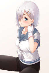 Rule 34 | 10s, 1girl, blue eyes, breasts, crotch seam, eyes visible through hair, gloves, hair ornament, hair over one eye, hairclip, hamakaze (kancolle), highres, kantai collection, large breasts, mikazuchi zeus, no pants, panties, panties under pantyhose, pantyhose, school uniform, serafuku, short hair, silver hair, solo, underwear, white gloves