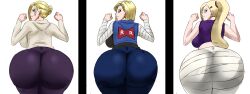 Rule 34 | 3girls, android 18, annie leonhart, ass, blonde hair, breasts, dragonball z, gt18art, highres, huge ass, huge breasts, long hair, looking back, medium hair, multiple girls, naruto (series), naruto shippuuden, ponytail, shingeki no kyojin, simple background, white background, yamanaka ino