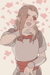 Rule 34 | 1boy, blush, brown hair, drruraguchi, eyes visible through hair, flower, hand up, heart, heart-shaped pupils, highres, looking away, luozhu (the legend of luoxiaohei), male focus, open mouth, petals, pointy ears, red eyes, short sleeves, simple background, smile, solo, sweat, symbol-shaped pupils, luo xiaohei zhanji, upper body, wavy mouth