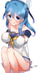 Rule 34 | 10s, 1girl, beret, blue eyes, blue hair, boruhis, bottomless, bound, breasts, double bun, elbow gloves, female focus, gloves, hair bun, hat, kantai collection, large breasts, legs together, neckerchief, rope, sailor hat, school uniform, serafuku, sitting, solo, tied up (nonsexual), urakaze (kancolle), white background, white gloves, white hat, yellow neckerchief