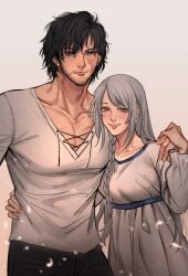 Rule 34 | 1boy, 1girl, absurdres, arm around neck, arm around shoulder, arm around waist, black hair, blue eyes, blush, braid, clive rosfield, closed mouth, commentary, couple, doopee205, dress, english commentary, facial hair, final fantasy, final fantasy xvi, grey hair, hand on another&#039;s hip, hetero, highres, hug, jill warrick, long hair, looking at viewer, muscular, muscular male, official alternate costume, pectorals, scar, scar on face, shirt, short hair, smile, standing, upper body, white dress