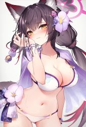 Rule 34 | 1girl, absurdres, animal ear fluff, animal ears, blue archive, blush, breasts, cleavage, diieru, flower, fox ears, hair flower, hair ornament, halo, highres, large breasts, leaning forward, long hair, looking at viewer, multicolored hair, navel, parted lips, ponytail, purple flower, simple background, solo, stomach, streaked hair, very long hair, wakamo (blue archive), wakamo (swimsuit) (blue archive), white background, yellow eyes