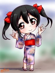 Rule 34 | 1girl, artist name, artist request, barefoot sandals (jewelry), black hair, blue kimono, blush, bow, chibi, ef (makiri), female focus, fireworks print, full body, hair bow, highres, japanese clothes, kimono, looking at viewer, love live!, love live! school idol project, makiri (makiriandef), nico nico nii, parted lips, red bow, red eyes, sandals, short hair, smile, solo, twintails, yazawa nico