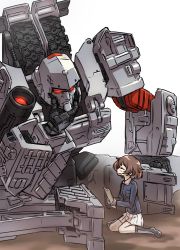 Rule 34 | 10s, 1girl, akiyama yukari, blue jacket, blush, boots, brown eyes, brown hair, clipboard, commentary, crossover, decepticon, closed eyes, girls und panzer, hand on own chin, holding, jacket, long sleeves, makishima azusa, megatron, messy hair, military, military uniform, miniskirt, open mouth, red eyes, robot, short hair, sitting, skirt, smile, the transformers (idw), transformers, uniform, wariza, white background, white skirt