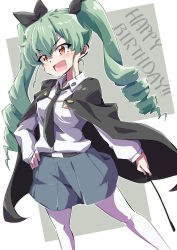 Rule 34 | 1girl, anchovy (girls und panzer), anzio school uniform, belt, birthday, black belt, black cape, black necktie, black ribbon, black skirt, bob (you-u-kai), brown eyes, cape, commentary, dress shirt, drill hair, emblem, english text, girls und panzer, green hair, hair ribbon, hand on own hip, happy birthday, highres, holding, holding riding crop, long hair, long sleeves, looking at viewer, miniskirt, necktie, open mouth, pantyhose, pleated skirt, ribbon, riding crop, school uniform, shirt, skirt, smirk, solo, standing, twin drills, twintails, v-shaped eyes, white pantyhose, white shirt, wing collar