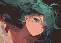 Rule 34 | 1girl, brown background, collarbone, colored eyelashes, cuts, earrings, facial scar, frown, green eyes, green hair, grey shirt, hatsune miku, injury, jewelry, kawacy, scar, scar on cheek, scar on face, shirt, simple background, strap, stud earrings, suna no wakusei (vocaloid), vocaloid