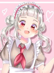 Rule 34 | 1girl, apron, arashi chisato, artist name, artist request, blush, breasts, brown dress, close-up, collared dress, double bun, dress, female focus, floating hair, frilled apron, frilled shirt collar, frills, hair bun, hair ribbon, hair tie, heart, heart (symbol), heart print, long hair, looking at viewer, love live!, love live! school idol festival, love live! superstar!!, maid, maid apron, maid headdress, necktie, parted lips, pink background, pink necktie, pink ribbon, plaid, plaid dress, pleated, pleated dress, puffy short sleeves, puffy sleeves, red eyes, ribbon, short sleeves, small breasts, smile, solo, sparkle, twintails, upper body, wavy hair, white hair