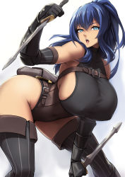 Rule 34 | 1girl, bare shoulders, black thighhighs, blue eyes, blue hair, breasts, commission, covered erect nipples, highres, holding, holding sword, holding weapon, huge breasts, leaning forward, leotard, long hair, looking at viewer, matching hair/eyes, original, packge, simple background, solo, sword, thighhighs, thighs, weapon, white background