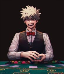 Rule 34 | 1boy, bakugou katsuki, black background, blonde hair, blurry, boku no hero academia, bow, bowtie, card, casino card table, chromatic aberration, commentary, dated commentary, depth of field, dress shirt, earrings, fingernails, glowing, glowing eyes, hair between eyes, highres, holding, holding card, jewelry, long sleeves, male focus, modo (modo s2), open mouth, playing card, poker chip, red bow, red bowtie, red eyes, sanpaku, shirt, short hair, simple background, single earring, solo, spiked hair, straight-on, table, twitter username, upper body, waistcoat, white shirt