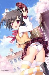 Rule 34 | 1girl, :d, absurdres, ass, black hair, cherry blossoms, hat, highres, open mouth, panties, petals, plaid, plaid skirt, red eyes, scan, school uniform, side ponytail, skirt, smile, solo, striped clothes, striped thighhighs, sweater vest, thighhighs, toranosuke, underwear, unworn hat, unworn headwear, upskirt, white panties, yellow thighhighs