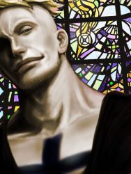 Rule 34 | 1boy, aki (6390783), beard, blonde hair, facial hair, male focus, marco (one piece), one piece, portrait, realistic, short hair, solo, stained glass, tattoo