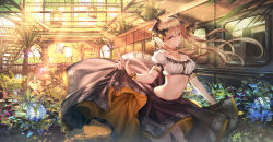 Rule 34 | 1girl, absurdres, armlet, ball, bare shoulders, birdcage, black skirt, bracelet, breasts, brown hair, bug, butterfly, cage, crop top, day, floating hair, frilled shirt, frills, greenhouse, hair ribbon, highres, huge filesize, indoors, bug, jewelry, junpaku karen, long hair, long skirt, looking at viewer, medium breasts, midriff, navel, necklace, off-shoulder shirt, off shoulder, original, plant, red eyes, ribbon, shirt, short sleeves, skirt, skirt hold, smile, solo, standing, stomach, sunlight, twintails, white shirt