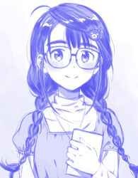 Rule 34 | 1girl, bear hair ornament, blouse, blush stickers, book, braid, commentary, dot nose, dr. gero (staedtler 0508), freckles, glasses, hair ornament, hand up, holding, holding book, idolmaster, idolmaster cinderella girls, long hair, long sleeves, looking at viewer, messy hair, monochrome, okuyama saori, shirt, sidelocks, smile, solo, thick eyebrows, undershirt, upper body, white background