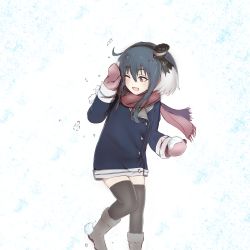 Rule 34 | 10s, 1girl, absurdres, alternate legwear, black hair, boots, brown eyes, coat, disco brando, fang, headband, highres, kantai collection, mittens, multicolored hair, one eye closed, open mouth, pantyhose, scarf, smile, snowball, solo, thighhighs, tokitsukaze (kancolle), white hair