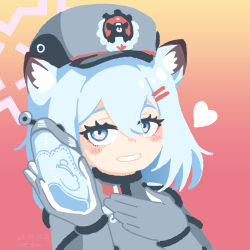 Rule 34 | 1girl, absurdres, animal ears, aqua hair, blue archive, blue eyes, blush stickers, coat, flask, gloves, gradient eyes, grey coat, grey gloves, grin, hair ornament, hairclip, halo, heart, highres, holding, holding flask, johnlim, looking at viewer, medium hair, multicolored eyes, purple eyes, shigure (blue archive), smile, solo, weasel ears