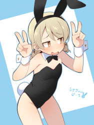Rule 34 | 1girl, @ @, animal ears, bad id, bad pixiv id, bare shoulders, black bow, black hairband, black leotard, blue background, blush, bow, bowtie, breasts, brown eyes, brown hair, collar, detached collar, double v, fake animal ears, hair between eyes, hairband, hands up, idolmaster, idolmaster cinderella girls, leotard, long hair, looking away, looking to the side, morikubo nono, open mouth, playboy bunny, rabbit ears, rabbit tail, ringlets, small breasts, solo, strapless, strapless leotard, sweat, tail, translation request, two-tone background, uccow, v, wavy mouth, white background, white collar, wing collar, wrist cuffs