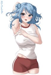 Rule 34 | 1girl, blue eyes, blue hair, blush, breasts, cowboy shot, double bun, dr.plankton, gym shirt, gym shorts, gym uniform, hair bun, highres, kantai collection, large breasts, looking at viewer, medium hair, open mouth, shirt, short sleeves, shorts, simple background, sleeves rolled up, smile, solo, twitter username, urakaze (kancolle), white background, white shirt