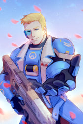 Rule 34 | &gt; o, 1boy, armor, bara, black gloves, blonde hair, blue eyes, blue jacket, chest armor, closed mouth, day, falling petals, gloves, gun, holding, holding gun, holding weapon, jacket, long jacket, looking at viewer, male focus, muscular, muscular male, one eye closed, open clothes, open jacket, outdoors, outstretched arm, overwatch, overwatch 1, petals, pevi, reaching, reaching towards viewer, scouter, short hair, single shoulder pad, sky, smile, soldier: 76 (overwatch), solo, strike commander morrison, vambraces, weapon