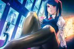 Rule 34 | 1girl, aurahack, bar (place), bartender, black hair, black pantyhose, black vest, breasts, cocktail glass, commentary, cup, cyberpunk, dress shirt, drinking glass, english commentary, full body, highres, jill stingray, juliet sleeves, legs, long hair, long sleeves, looking at viewer, medium breasts, necktie, official art, on table, pantyhose, pink eyes, puffy sleeves, red necktie, shirt, sitting, solo, swept bangs, table, twintails, va-11 hall-a, vest, white shirt