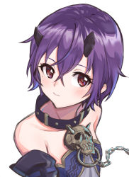 Rule 34 | 1girl, chain, character request, closed mouth, collarbone, crossed bangs, hair between eyes, highres, mamu t7s, mole, mole under eye, purple hair, red eyes, short hair, simple background, sketch, solo, upper body, white background