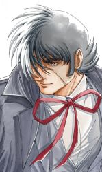 Rule 34 | 1boy, black coat, black hair, black jack (character), black jack (series), black vest, brown eyes, closed mouth, coat, collared shirt, hair over one eye, highres, looking to the side, male focus, mature male, oldkin, red ribbon, ribbon, shirt, sideburns, simple background, solo, stitched face, stitches, traditional media, vest, white background, white hair, white shirt