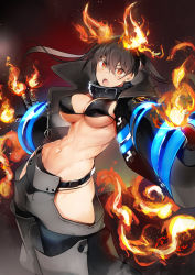 Rule 34 | 1girl, :o, absurdres, baggy pants, bikini, bikini top only, black bikini, black coat, black hair, blush, breasts, brown eyes, cleavage, coat, collar, commentary request, covered erect nipples, cowboy shot, en&#039;en no shouboutai, fiery ears, fiery tail, fire, firefighter, glint, grey pants, groin, hair between eyes, highres, hip vent, large breasts, looking at viewer, metal gloves, midriff, navel, nishiide kengorou, open clothes, open coat, open mouth, pants, red background, sidelocks, simple background, solo, standing, stomach, swimsuit, tail, tamaki kotatsu, toned, twintails, underboob