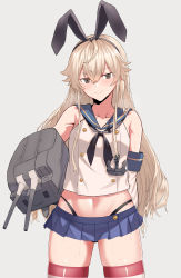 1girl absurdres bare_shoulders black_eyes black_hairband black_neckerchief black_panties black_ribbon blonde_hair blue_sailor_collar blue_skirt blush commentary cowboy_shot crop_top elbow_gloves gloves grey_background hair_between_eyes hair_ribbon hairband highleg highleg_panties highres kantai_collection long_hair looking_at_viewer lysh microskirt midriff navel neckerchief panties pleated_skirt red_thighhighs ribbon sailor_collar sailor_shirt shimakaze_(kancolle) shirt simple_background skirt sleeveless sleeveless_shirt smile solo standing thighhighs thighs underwear very_long_hair white_gloves