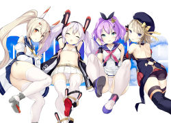 Rule 34 | 4girls, :o, armpit crease, armpits, ass, ayanami (azur lane), azur lane, backless dress, backless outfit, bare shoulders, belt, beret, bike shorts, black legwear, blonde hair, blue bow, blue eyes, blue skirt, blush, bow, breasts, cameltoe, closed eyes, commentary request, cross hair ornament, crown, detached sleeves, dress, flat chest, full body, green eyes, hair bow, hair ornament, hat, highres, javelin (azur lane), laffey (azur lane), laffey (retrofit) (azur lane), light purple hair, long hair, looking at viewer, lying, mini crown, miniskirt, multiple girls, navel, neckerchief, ochinsama, on back, on side, on stomach, open mouth, orange eyes, panties, pantyshot, pink neckerchief, platinum blonde hair, pleated skirt, ponytail, purple hair, retrofit (azur lane), rudder footwear, sailor collar, shoulder blades, side-tie panties, sideboob, skirt, sleeping, small breasts, smile, spread legs, stomach, thighhighs, twintails, underwear, white legwear, white panties, white skirt, yellow neckerchief, z23 (azur lane), zettai ryouiki