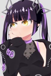 Rule 34 | 1girl, black hair, black jacket, black shirt, blouse, blunt bangs, blush, breasts, cleavage, commentary request, cross-laced clothes, cross-laced sleeves, demon girl, demon horns, grey background, hand on own cheek, hand on own face, heart, heart print, highres, horns, jacket, kojo anna, kojo anna (1st costume), kusha (madoukusya12), long hair, long sleeves, looking afar, looking to the side, medium breasts, multicolored hair, nanashi inc., off shoulder, open clothes, open jacket, pointy ears, print shirt, purple hair, see-through, see-through cleavage, see-through shirt, shirt, simple background, sleeveless, sleeveless shirt, solo, sugar lyric, twintails, two-tone hair, upper body, virtual youtuber, yellow eyes, zipper