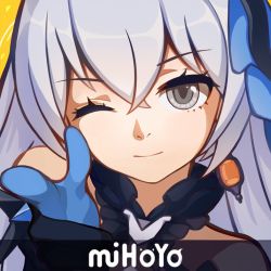 Rule 34 | 1girl, bare shoulders, black gloves, bronya zaychik, bronya zaychik (herrscher of reason), close-up, closed mouth, company name, earrings, gloves, grey eyes, grey hair, hair between eyes, honkai (series), honkai impact 3rd, index finger raised, jewelry, long hair, nalukikiki, one eye closed, parody, pointing, pointing at viewer, portrait, simple background, smile, solo, yellow background