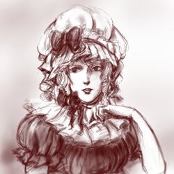Rule 34 | 1girl, absurdres, collar, dress, frilled collar, frills, greyscale, hat, hat ribbon, highres, looking at viewer, mob cap, monochrome, puffy short sleeves, puffy sleeves, ribbon, rye (hyn uka), short sleeves, solo, touhou, victorian, yakumo yukari