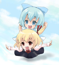 Rule 34 | 2girls, blonde hair, bow, cirno, embodiment of scarlet devil, female focus, multiple girls, outstretched arms, red eyes, rumia, spread arms, toda ayu, touhou