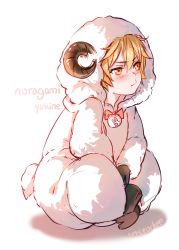 Rule 34 | 10s, 1boy, animal costume, artist name, bad id, bad pixiv id, bell, blonde hair, blush, character name, copyright name, horns, instockeee, instocklee, male focus, necktie, noragami, pout, sheep costume, sheep horns, short hair, simple background, sitting, solo, white background, yellow eyes, yukine (noragami)