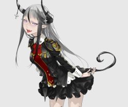 Rule 34 | 1girl, choker, demon girl, earrings, fangs, fingernails, grey background, grey hair, horns, jewelry, lips, long fingernails, long hair, military, military uniform, multicolored hair, nail polish, original, purple eyes, redjuice, ribbon, simple background, skirt, solo, tail, tongue, tongue out, two-tone hair, uniform