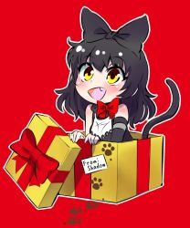 Rule 34 | 1girl, black hair, blake belladonna, blonde hair, bow, bowtie, cat tail, chibi, commentary, gift, iesupa, paw print, red background, rwby, solo, tail